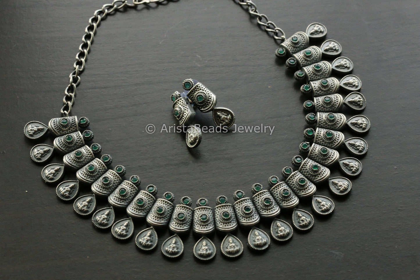 Oxidized Green Stones Lakshmi Necklace Set