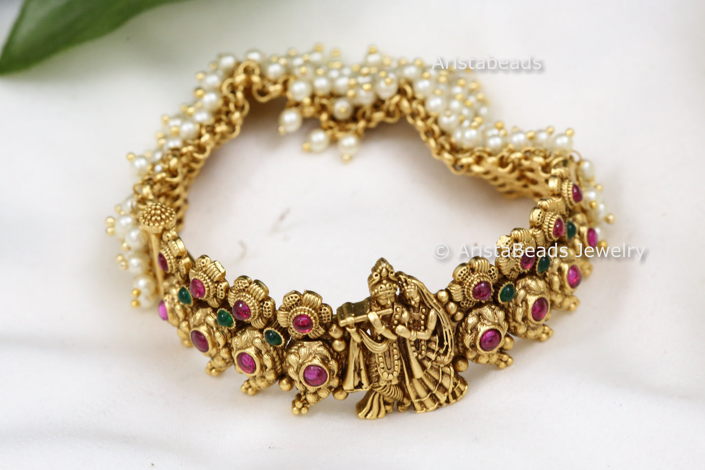 Antique Gold Radha Krishna Pearl Bracelet