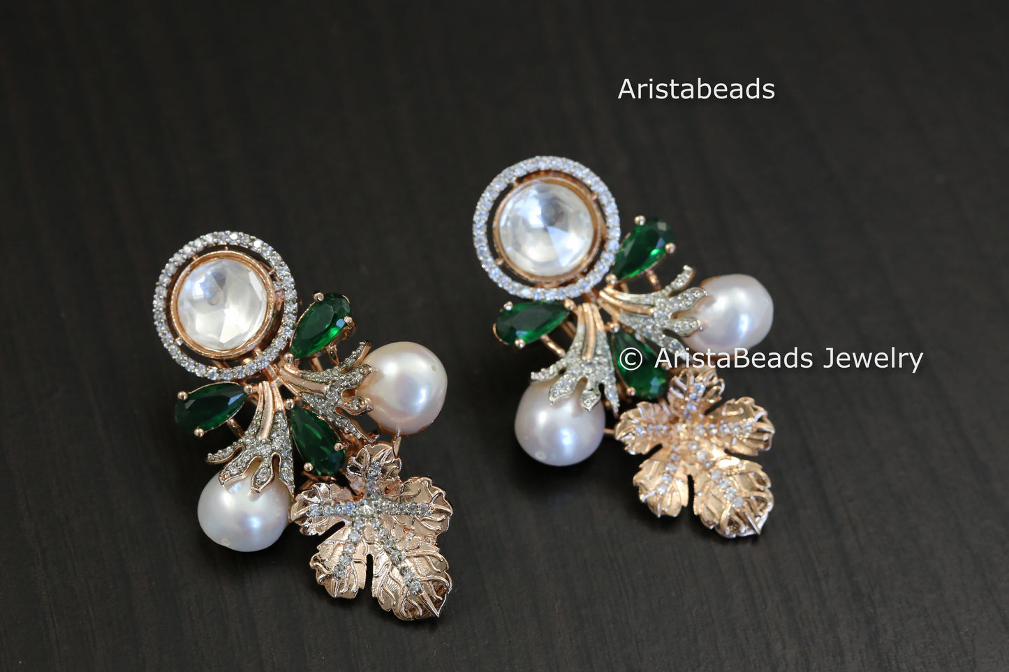 Rose Gold Kundan Baroque Pearl Earrings - Green