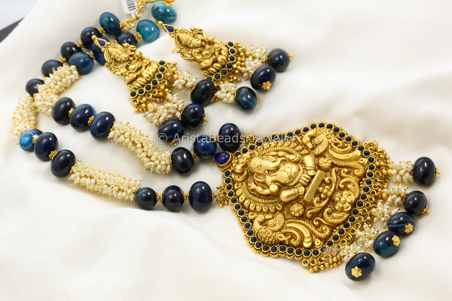 Nakshi Temple Ganesha Necklace Set With Rice Pearls - Blue