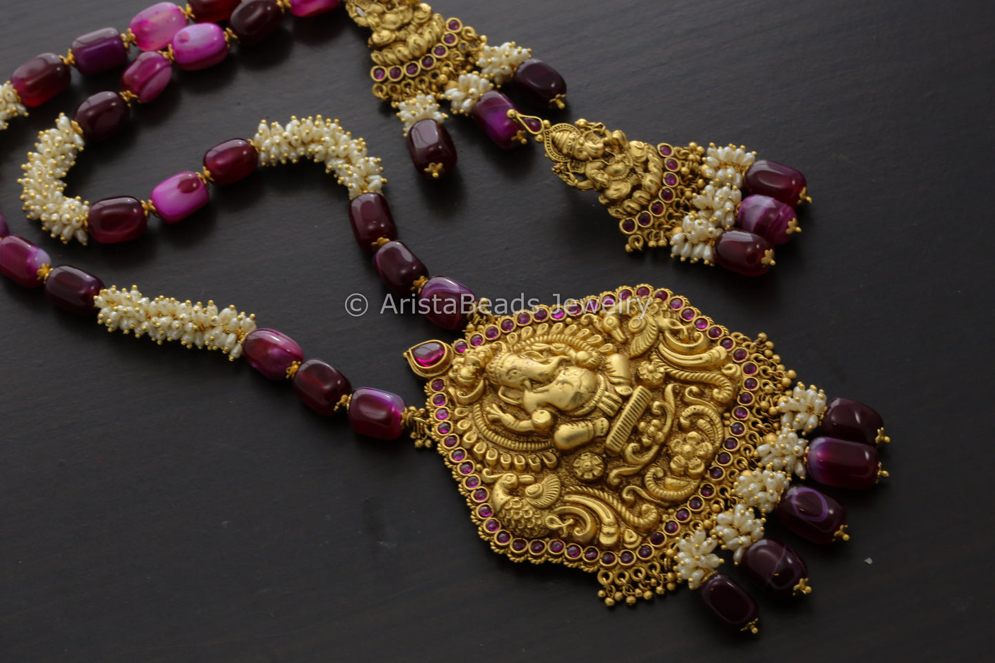 Nakshi Temple Ganesha Necklace Set With Rice Pearls - Purple