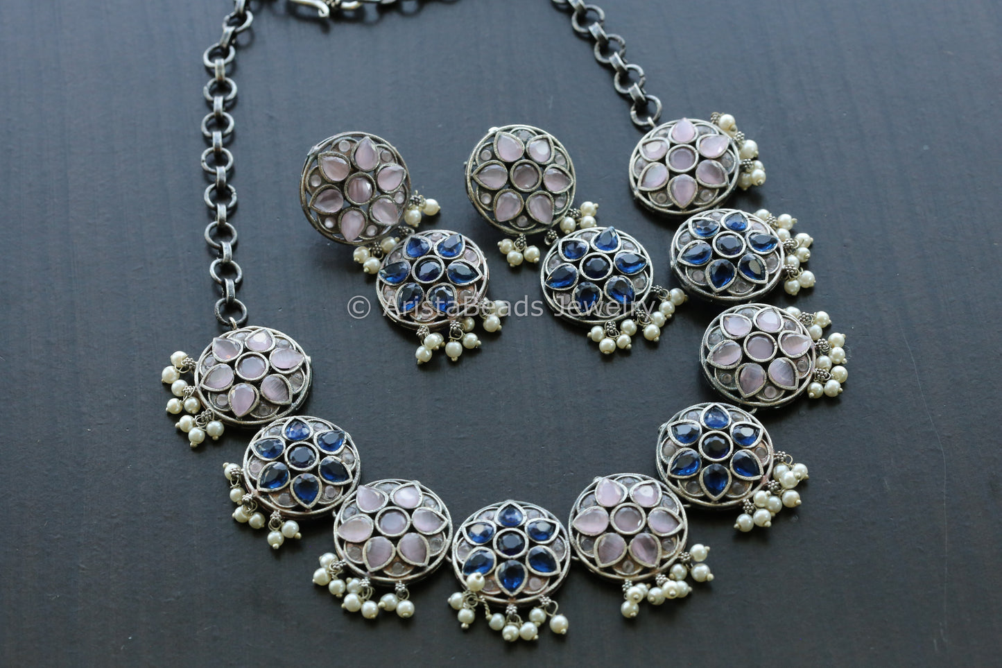 Pastel Pink & Blue CZ Oxidized Necklace Set