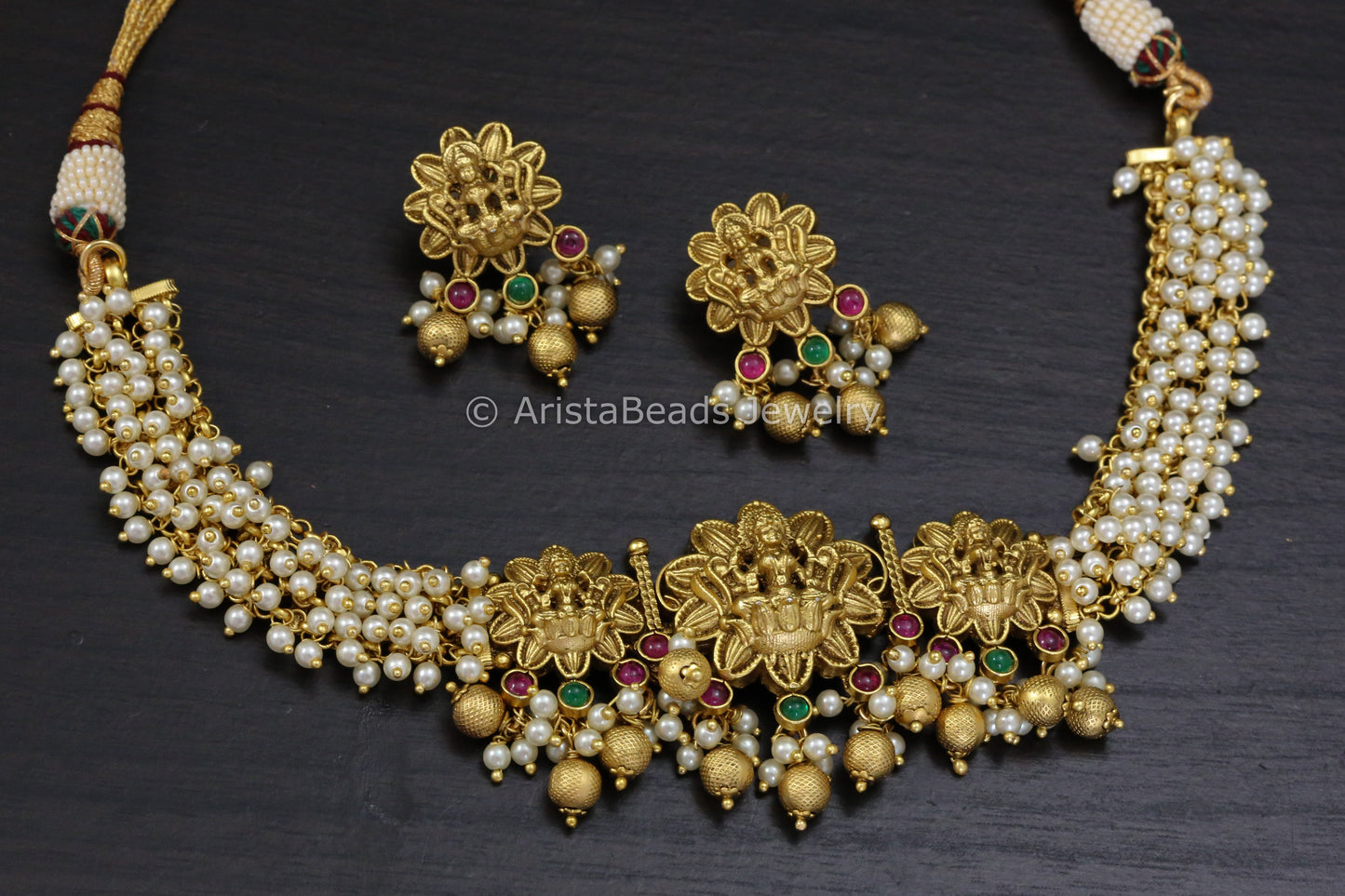 Lakshmi Temple Necklace Set - Pearl