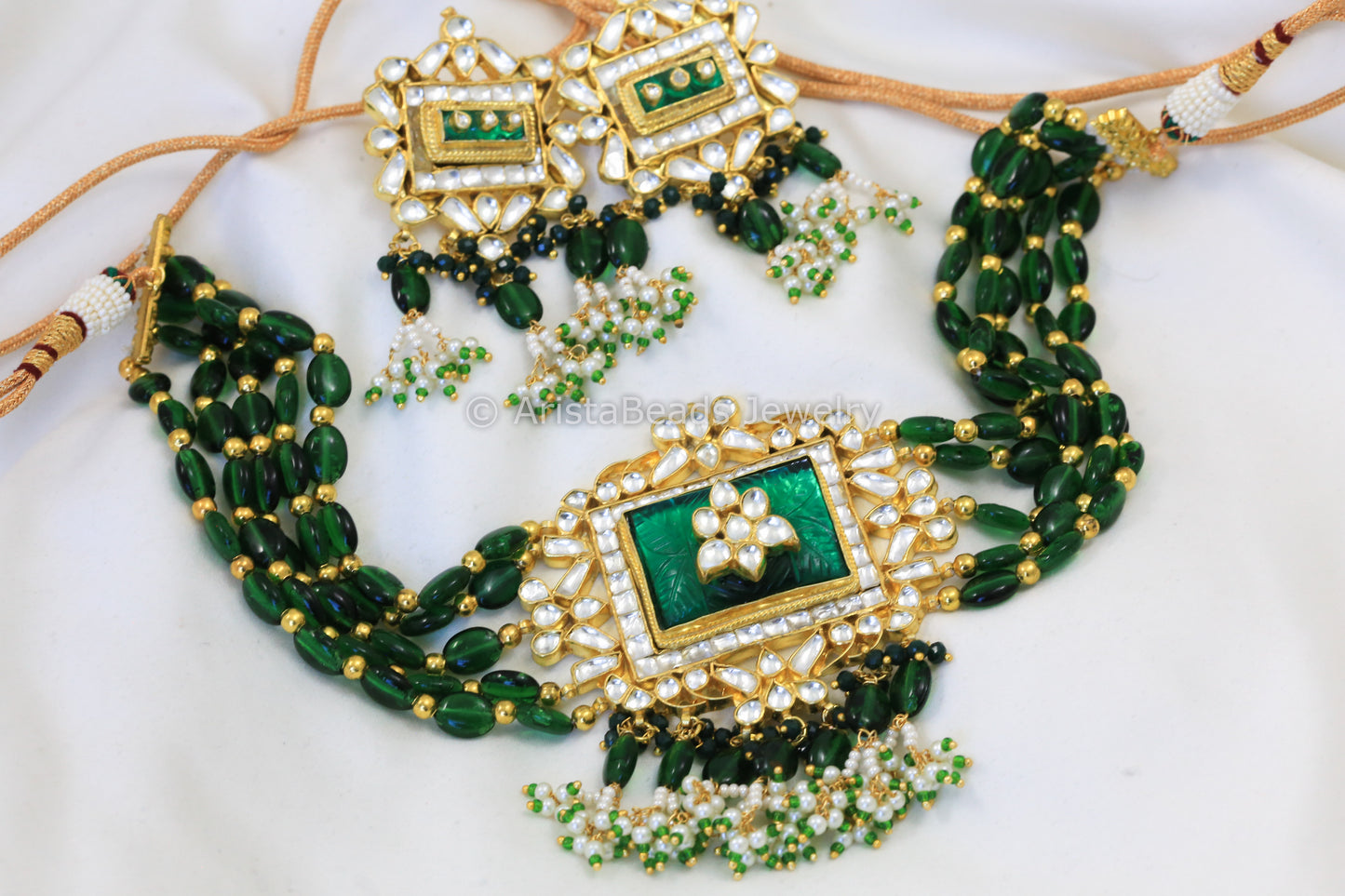 One Of A Kind Jadau Kundan Necklace Set - Bottle Green