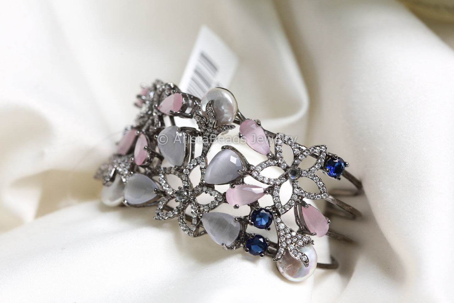 Pink Gray CZ & Baroque Pearl Bracelet ( Adjustable)