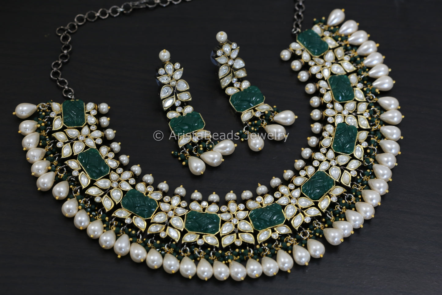 Silver Foil Polki Kundan & Carved Stone Necklace Set  - Green