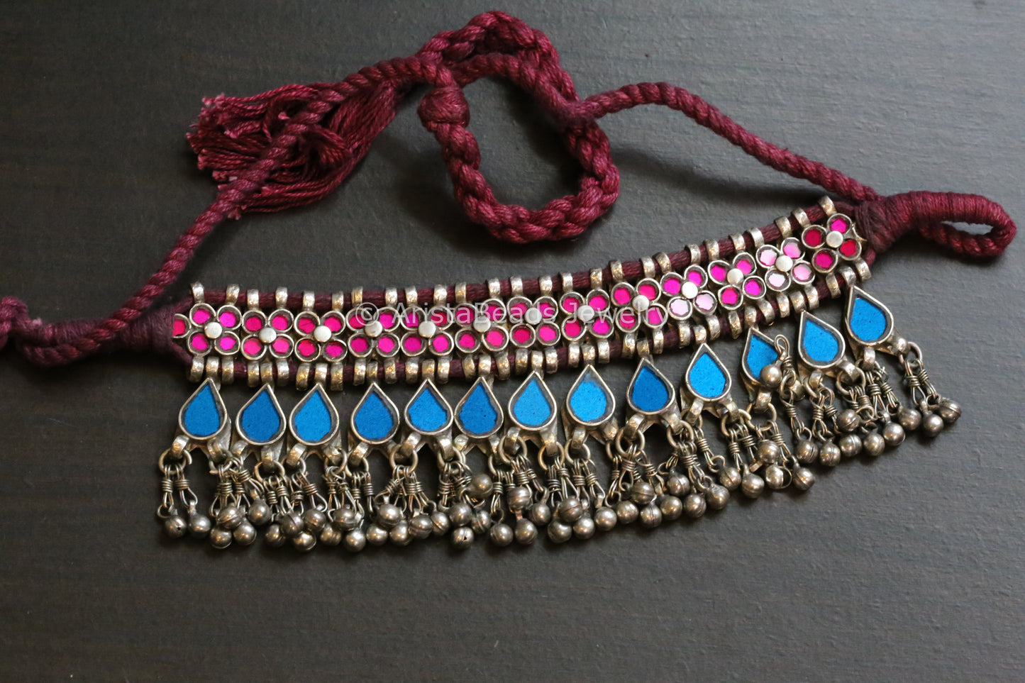 Darpan Oxidized Real Glass Necklace- Blue Pink