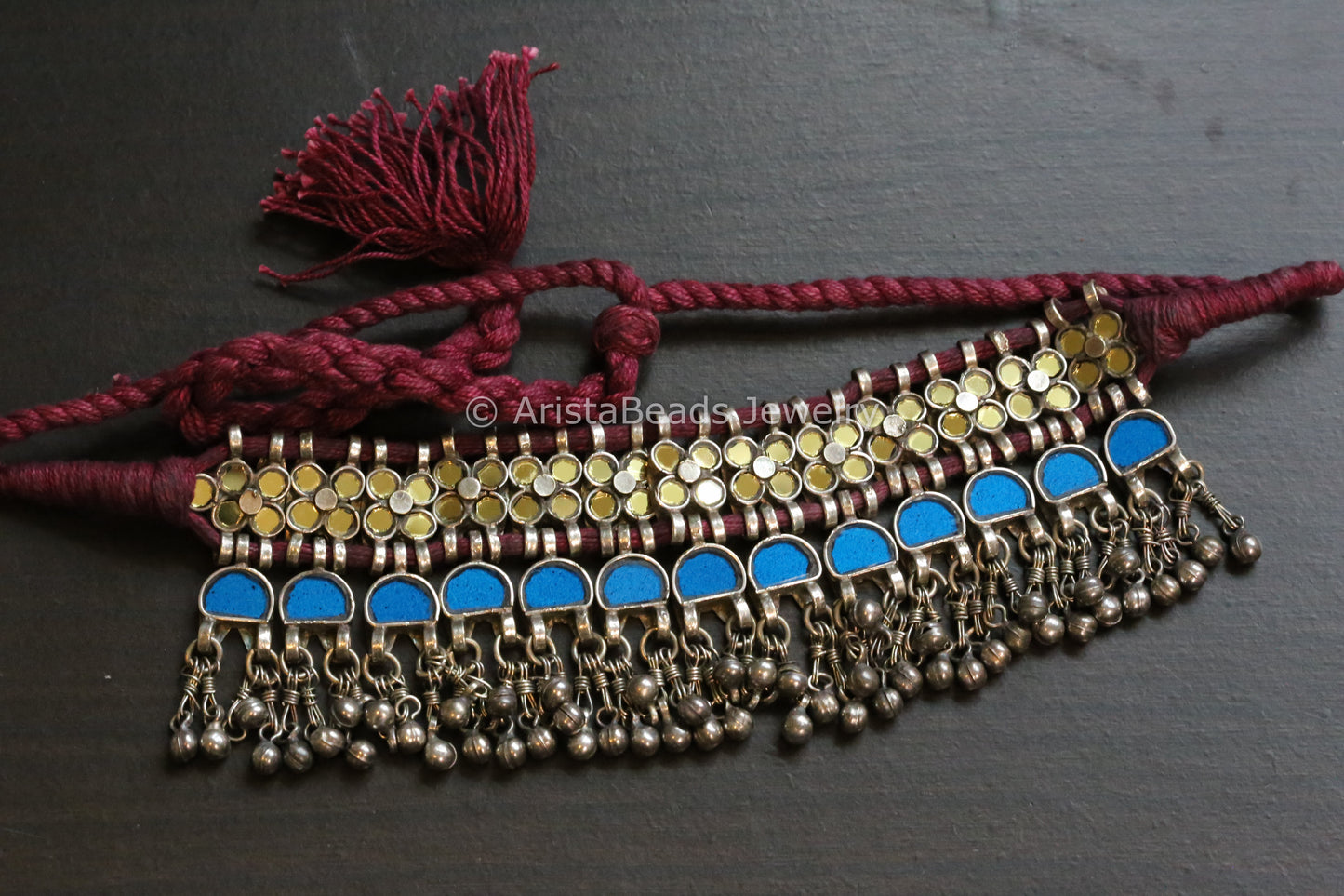 Darpan Oxidized Real Glass Necklace- Gold & Blue