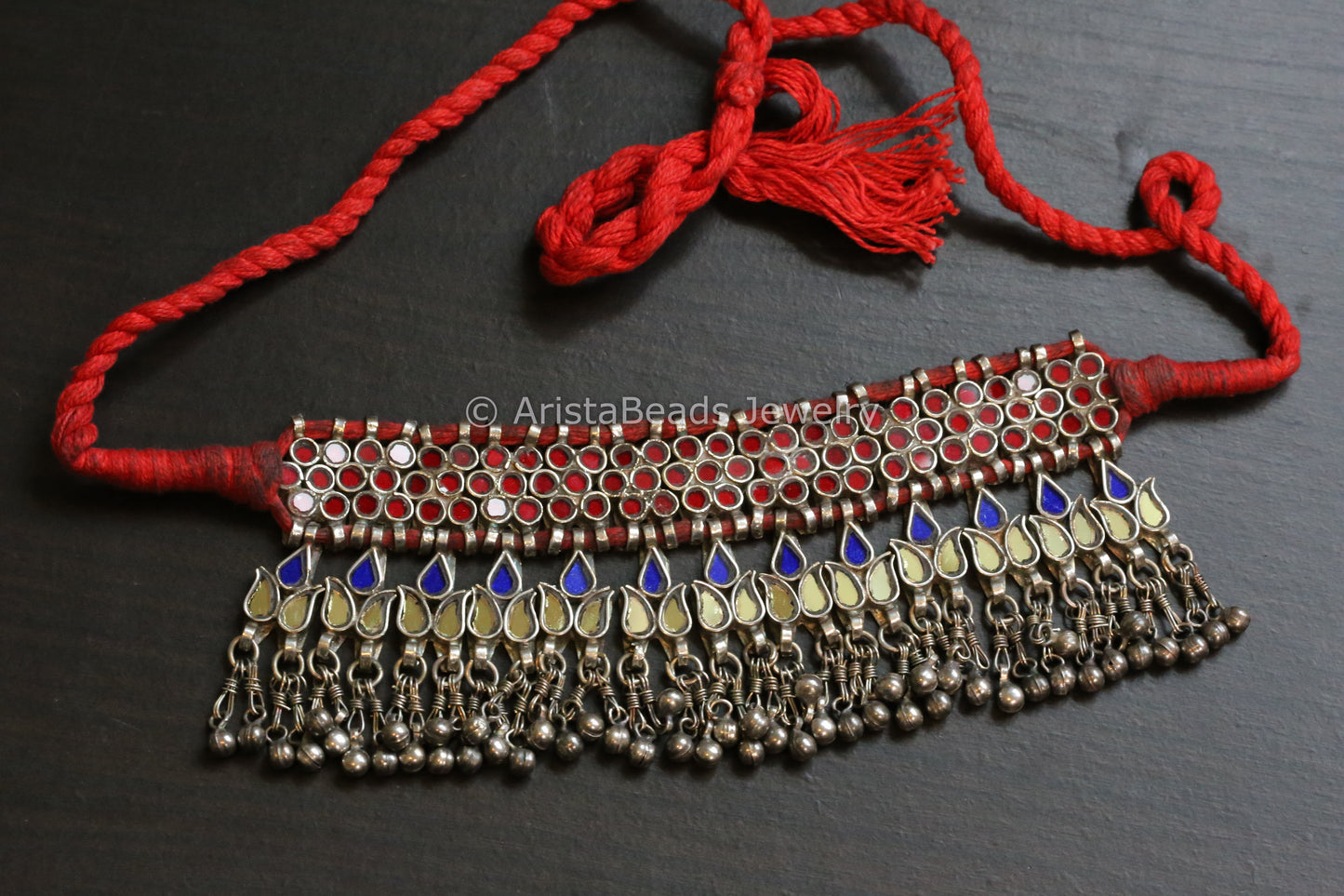 Darpan Oxidized Real Glass Necklace- Red, Gold & Blue