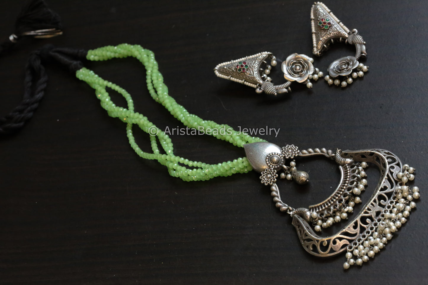 Tribal Oxidized Pearl Drop Necklace Set - Pista