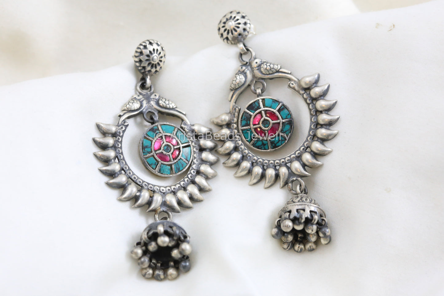 925 Sterling Silver Turquoise & Ruby Kundan Earrings