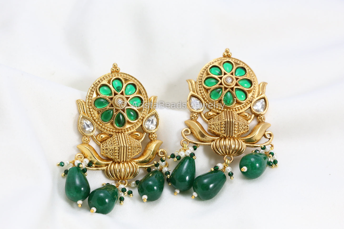 Silver Look-Alike Kundan Antique Gold Earrings - Green