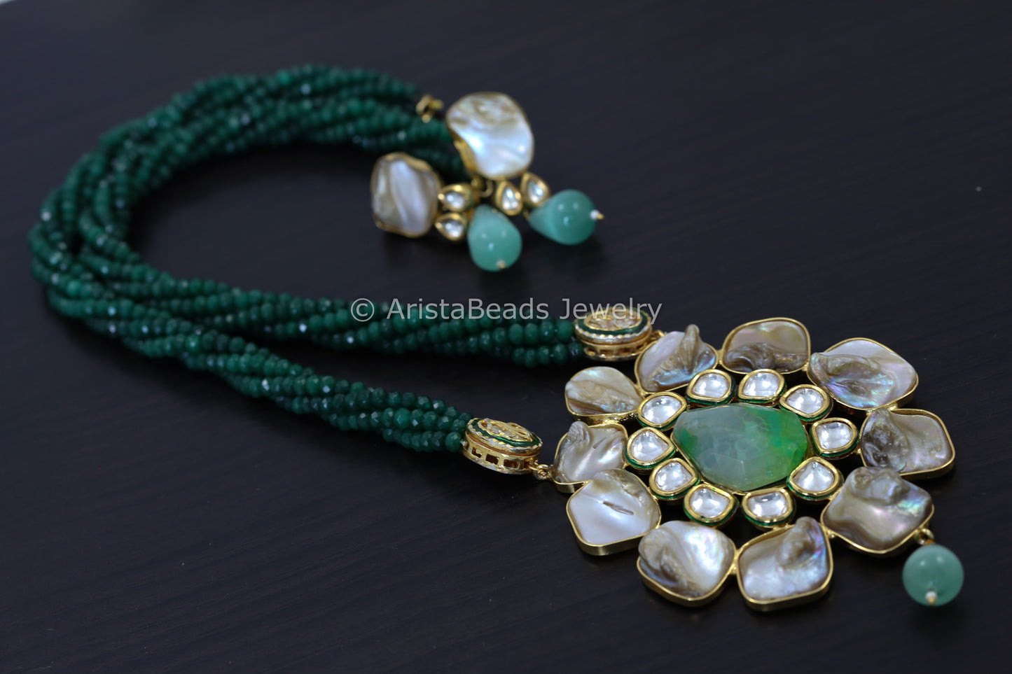Kundan Mother Of Pearl Necklace Set  - Green