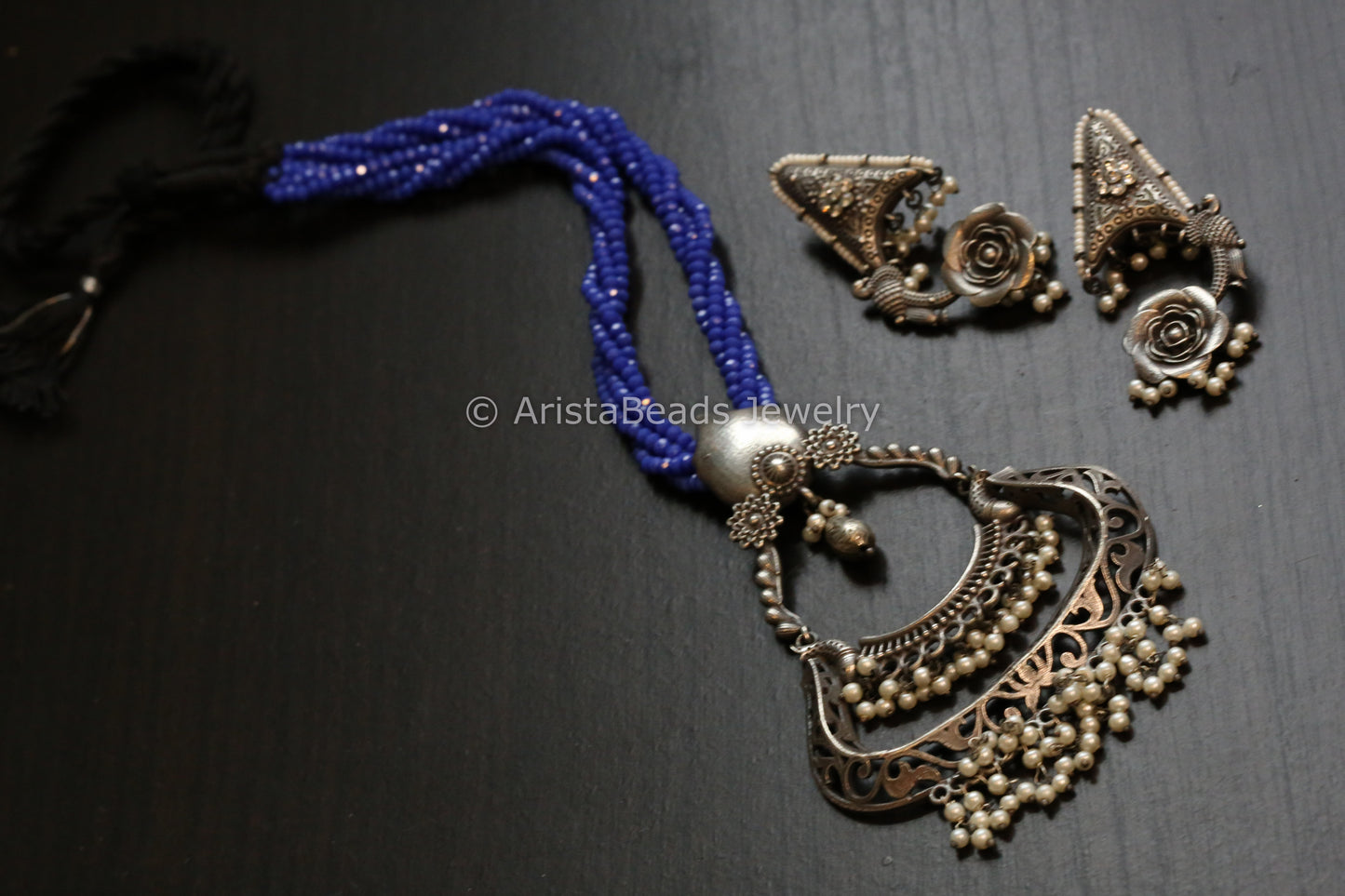 Tribal Oxidized Pearl Drop Necklace Set - Blue