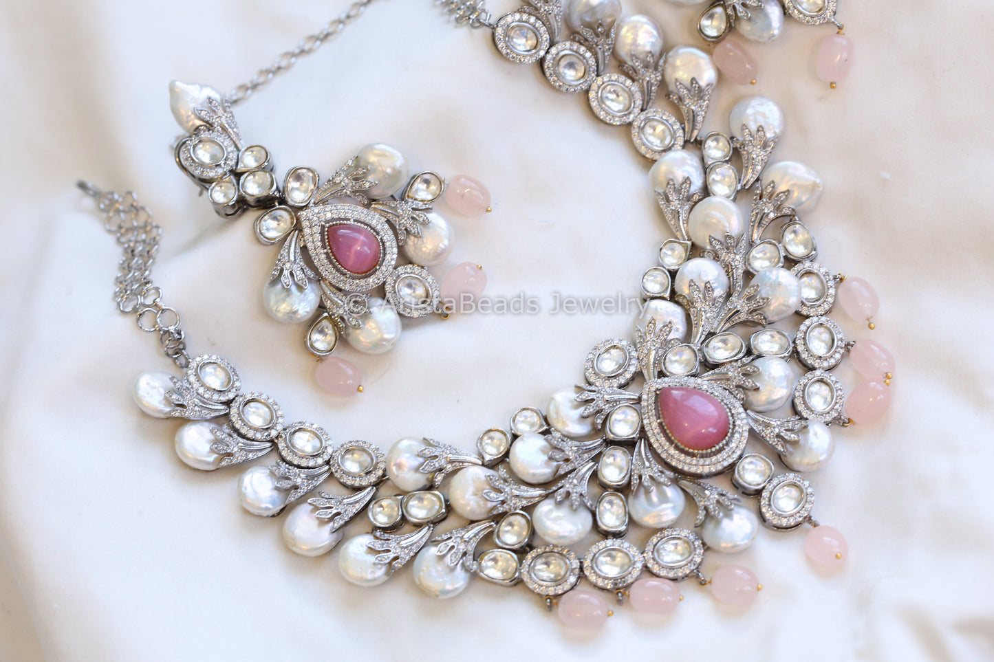 Uncut Kundan CZ & Baroque Pearl Necklace Set