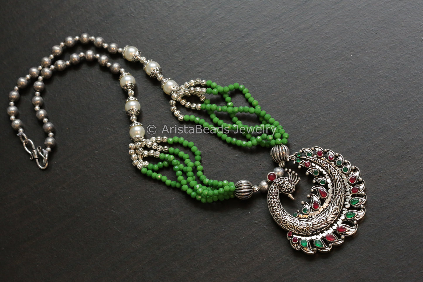 Peacock Oxidized Necklace - Green Beads