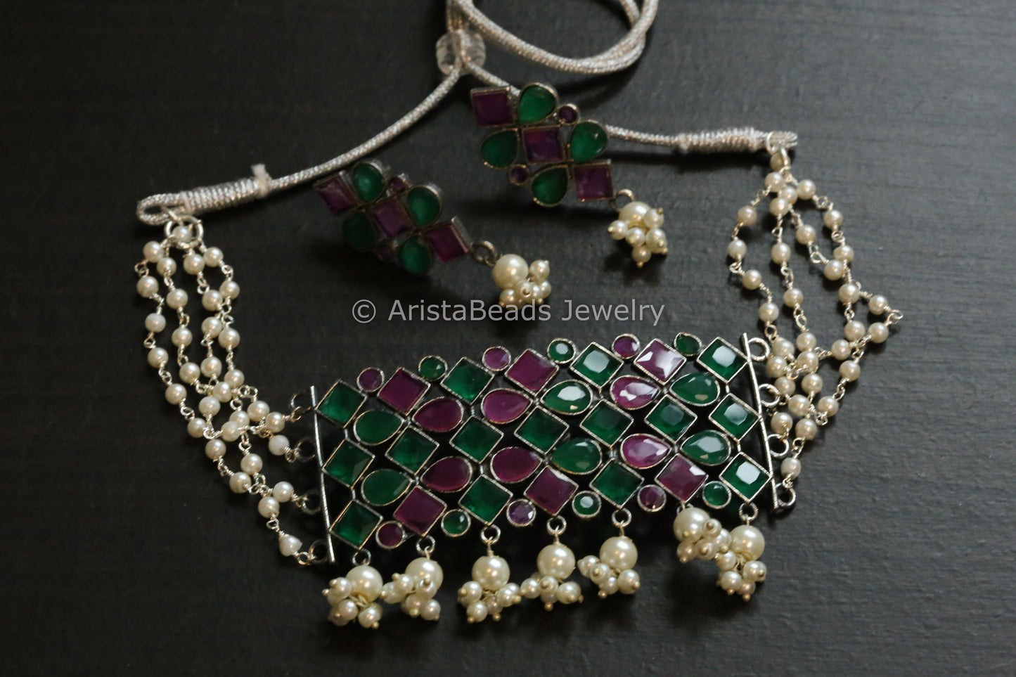 Oxidized Necklace Set - Ruby Green
