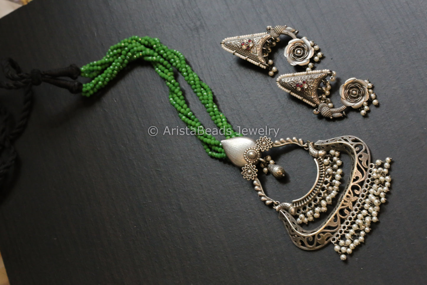 Tribal Oxidized Pearl Drop Necklace Set - Green
