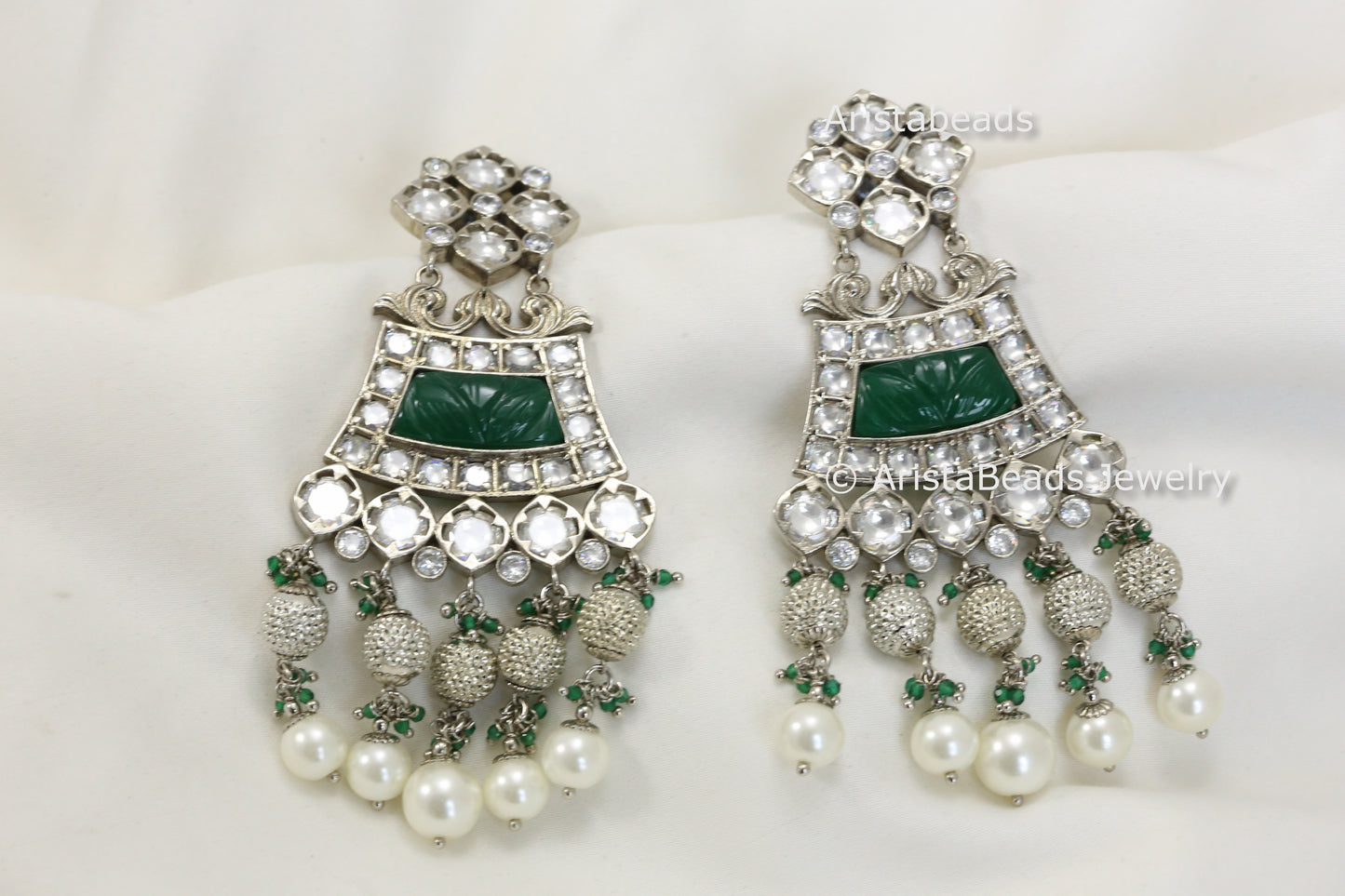 Amrapali Carved Stone Foil Kundan Earrings - Green