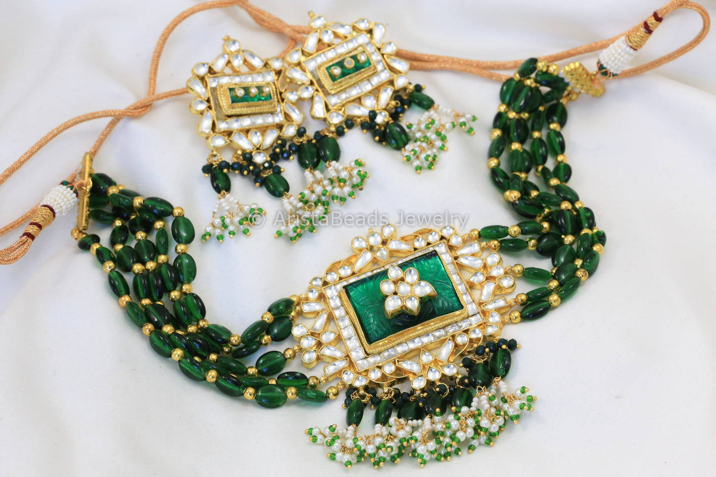 One Of A Kind Jadau Kundan Necklace Set - Bottle Green