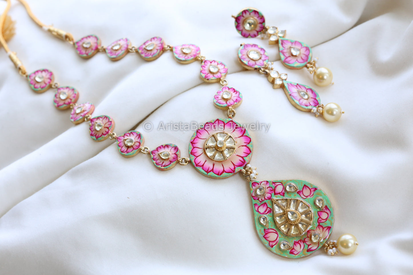 Pachi Kundan Meenakari Necklace Set - Pink