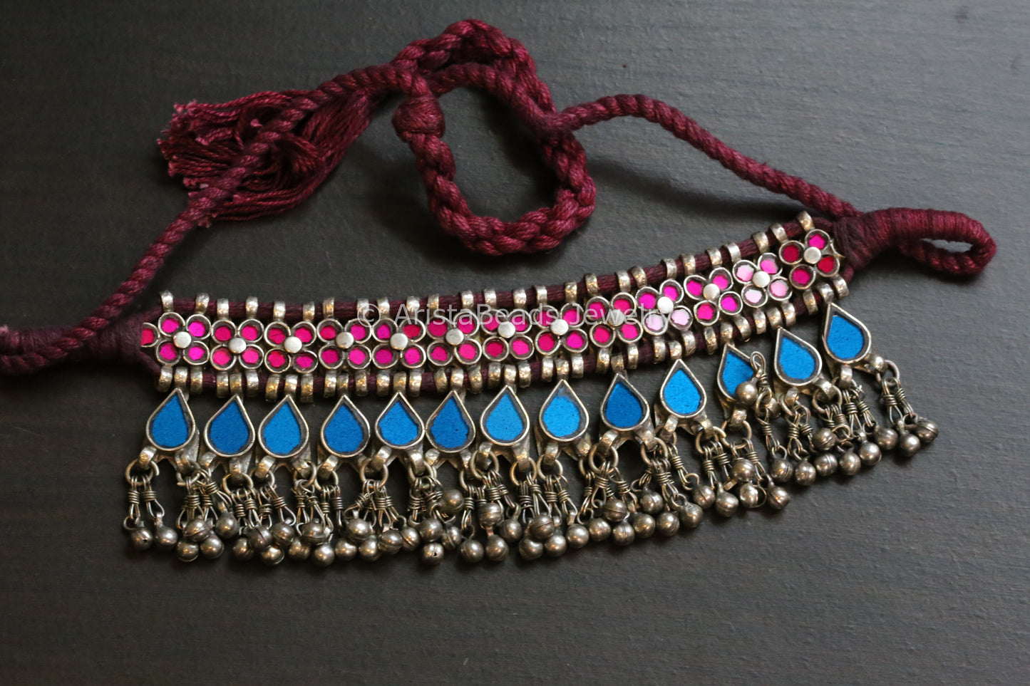 Darpan Oxidized Real Glass Necklace- Blue Pink