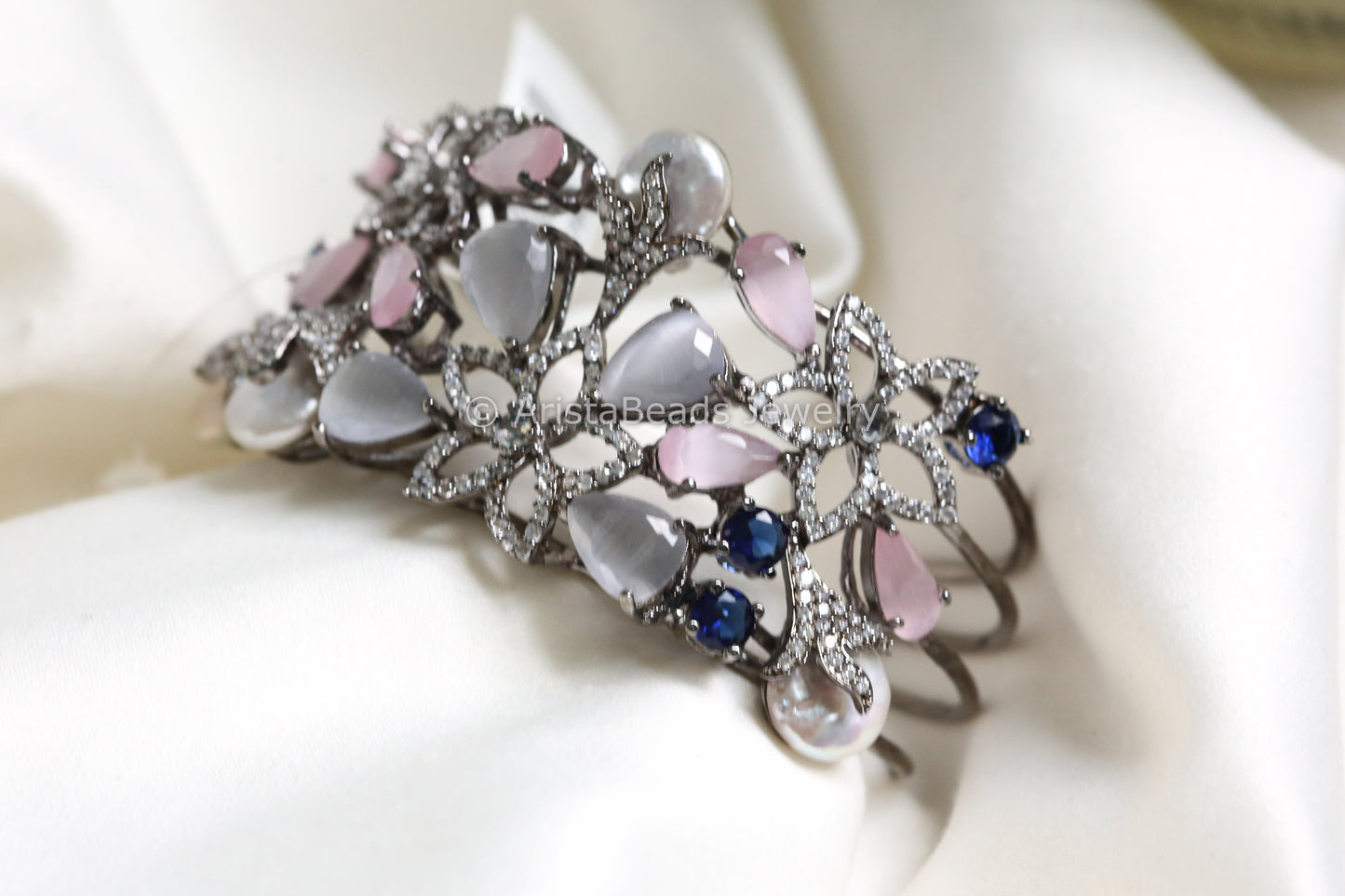 Pink Gray CZ & Baroque Pearl Bracelet ( Adjustable)