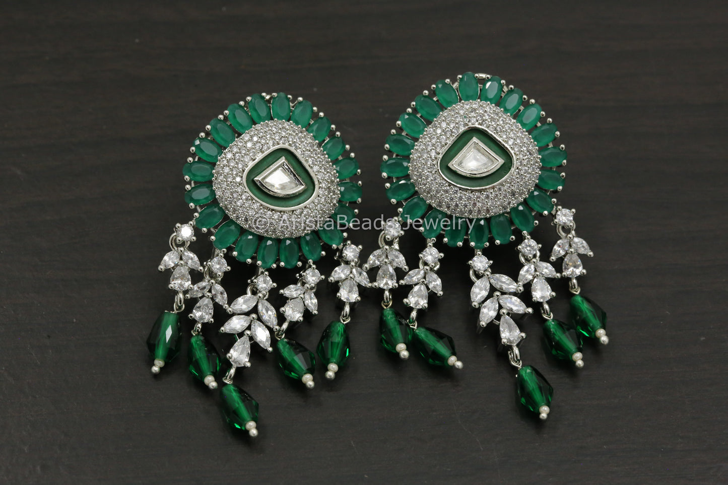 CZ Kundan Earrings - Green