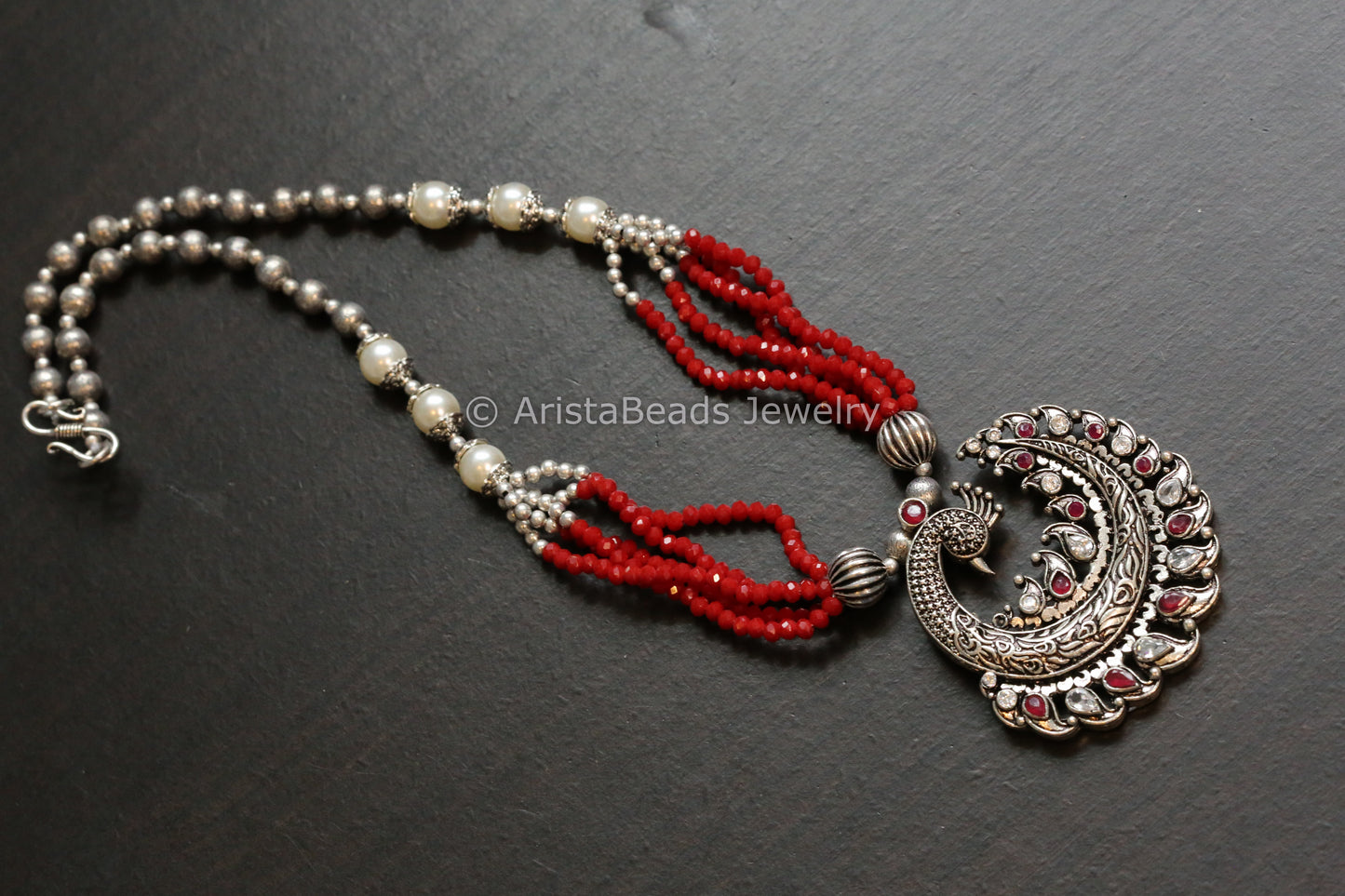 Peacock Oxidized Necklace - Red Beads