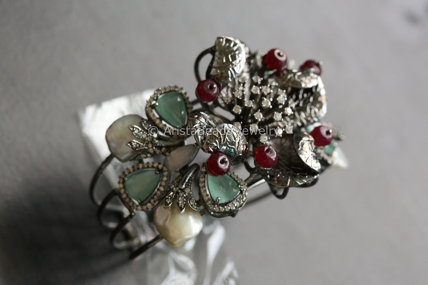 Victorian Finish CZ & Baroque Pearl Bracelet ( Adjustable)