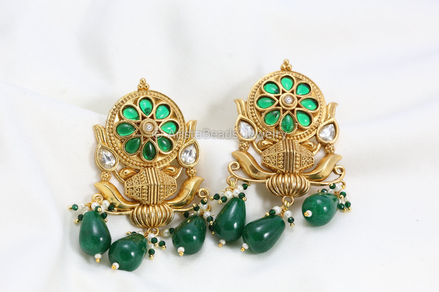 Silver Look-Alike Kundan Antique Gold Earrings - Green