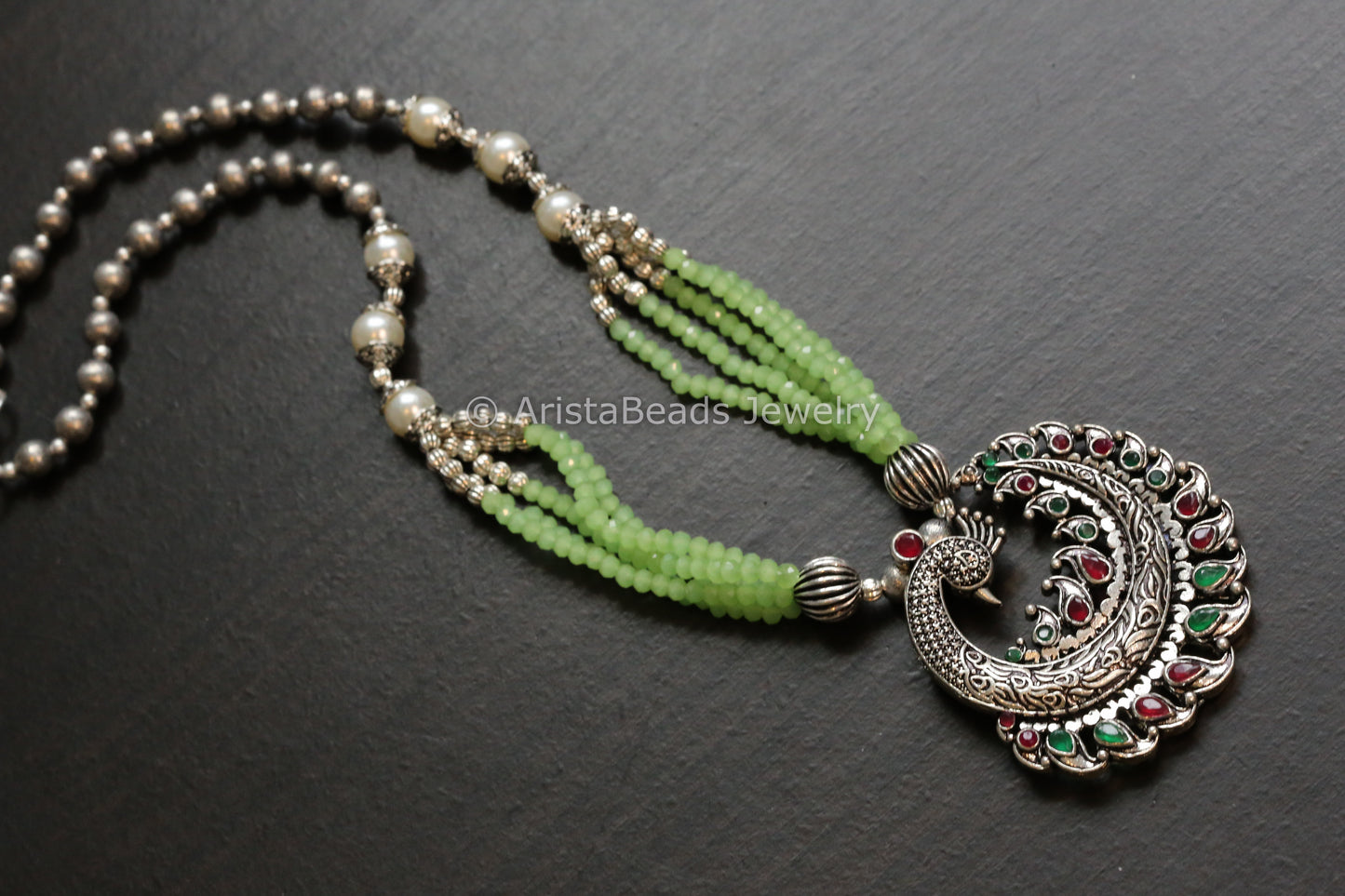 Peacock Oxidized Necklace - Pista Green Beads