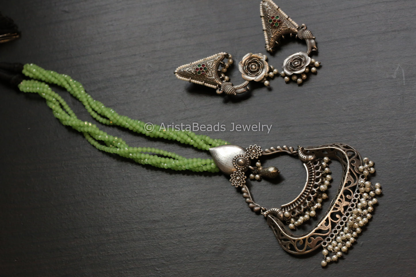 Tribal Oxidized Pearl Drop Necklace Set - Pista