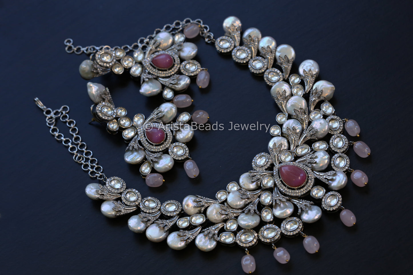 Uncut Kundan CZ & Baroque Pearl Necklace Set