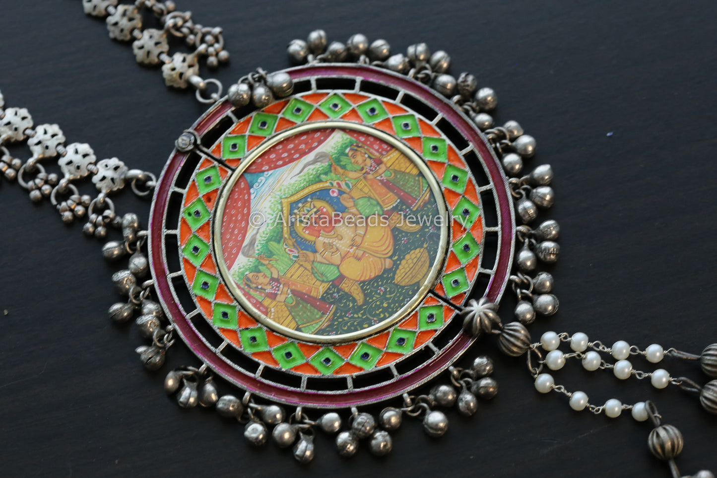 Oxidized Hand-Painted Enamel Necklace - Red