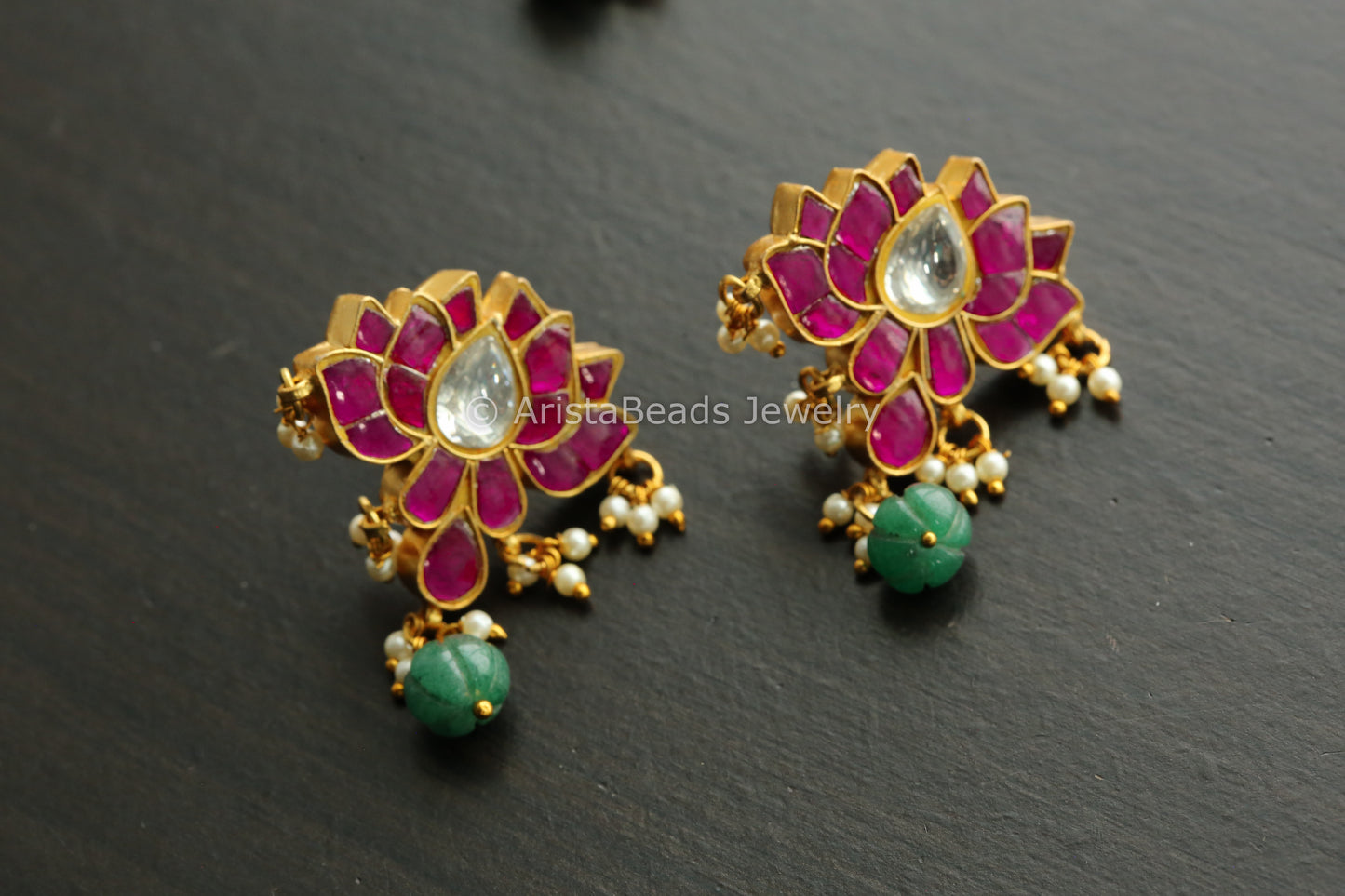 Silver Look Kundan Jadau Lotus Earrings - Ruby Clear