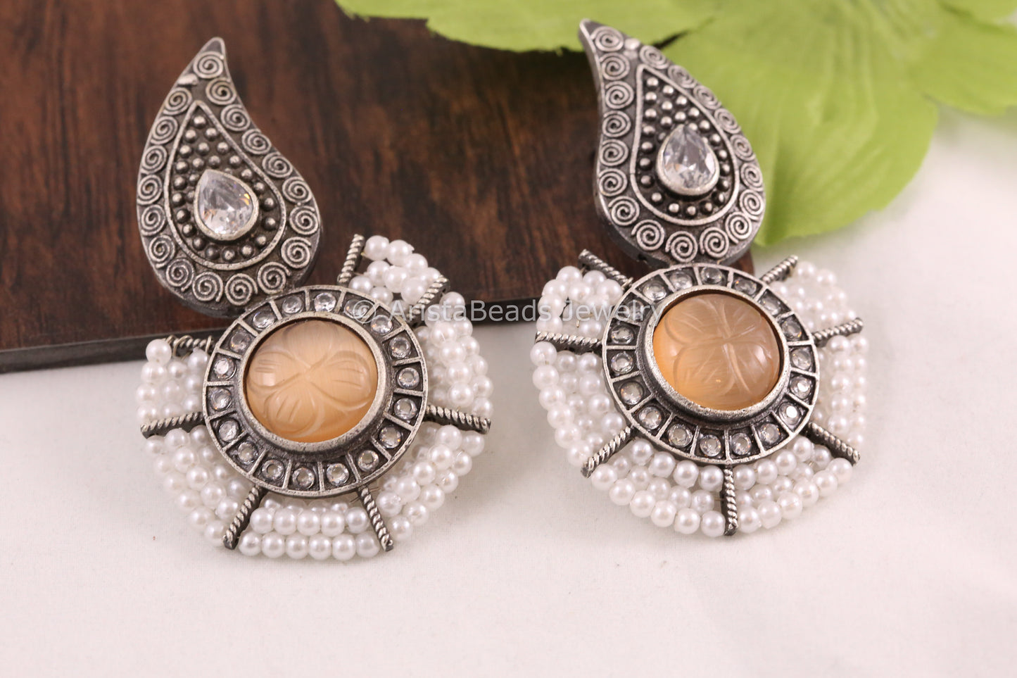 Carved Stone Silver Look Earrings - Peach