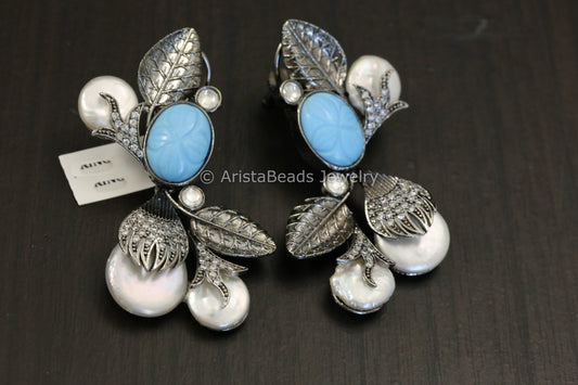 Baroque Pearl & Carved Stone Earrings - Turquoise