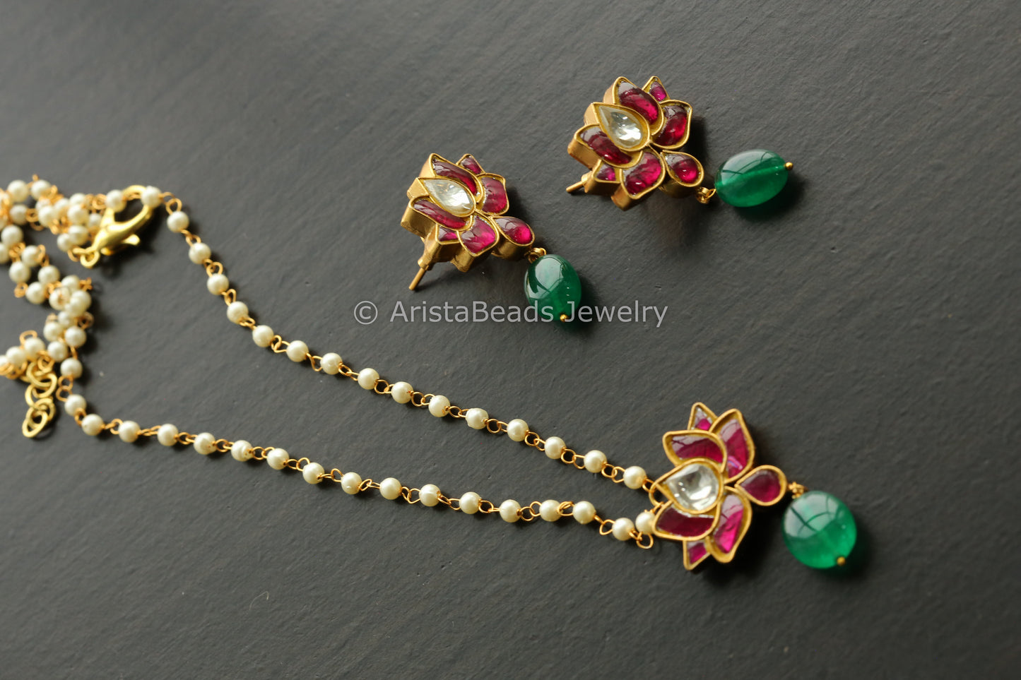 Handmade Jadau Lotus Necklace Set