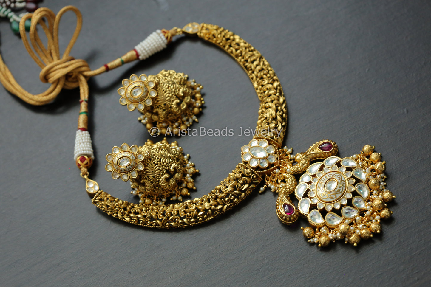 Nakshi Antique Gold Kundan Enamel Necklace Set