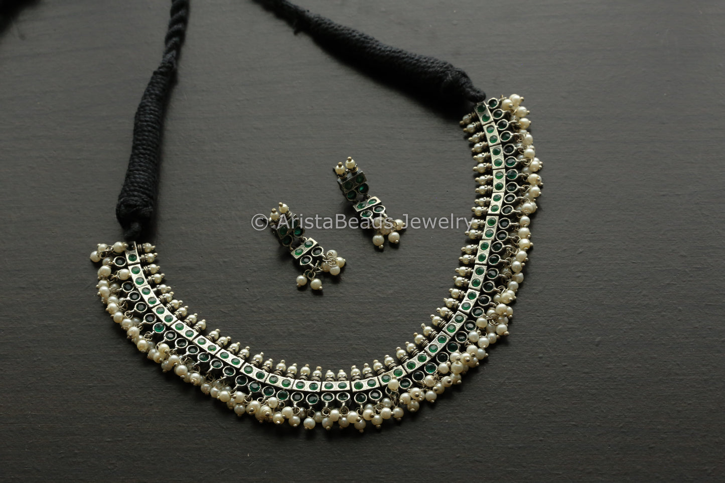 Green CZ & Pearls Oxidized Necklace Set