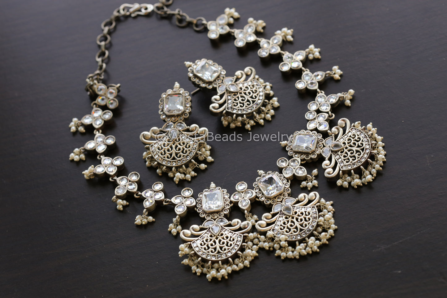 Clear Silver Look Oxidized Necklace Set