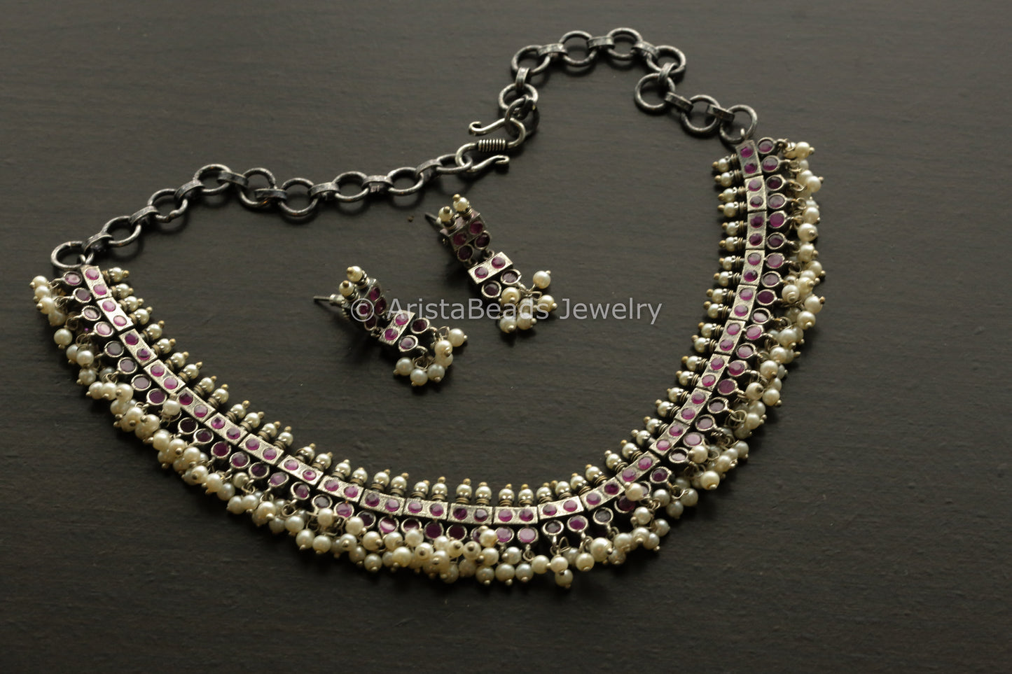 Ruby CZ With Pearls Oxidized Necklace Set