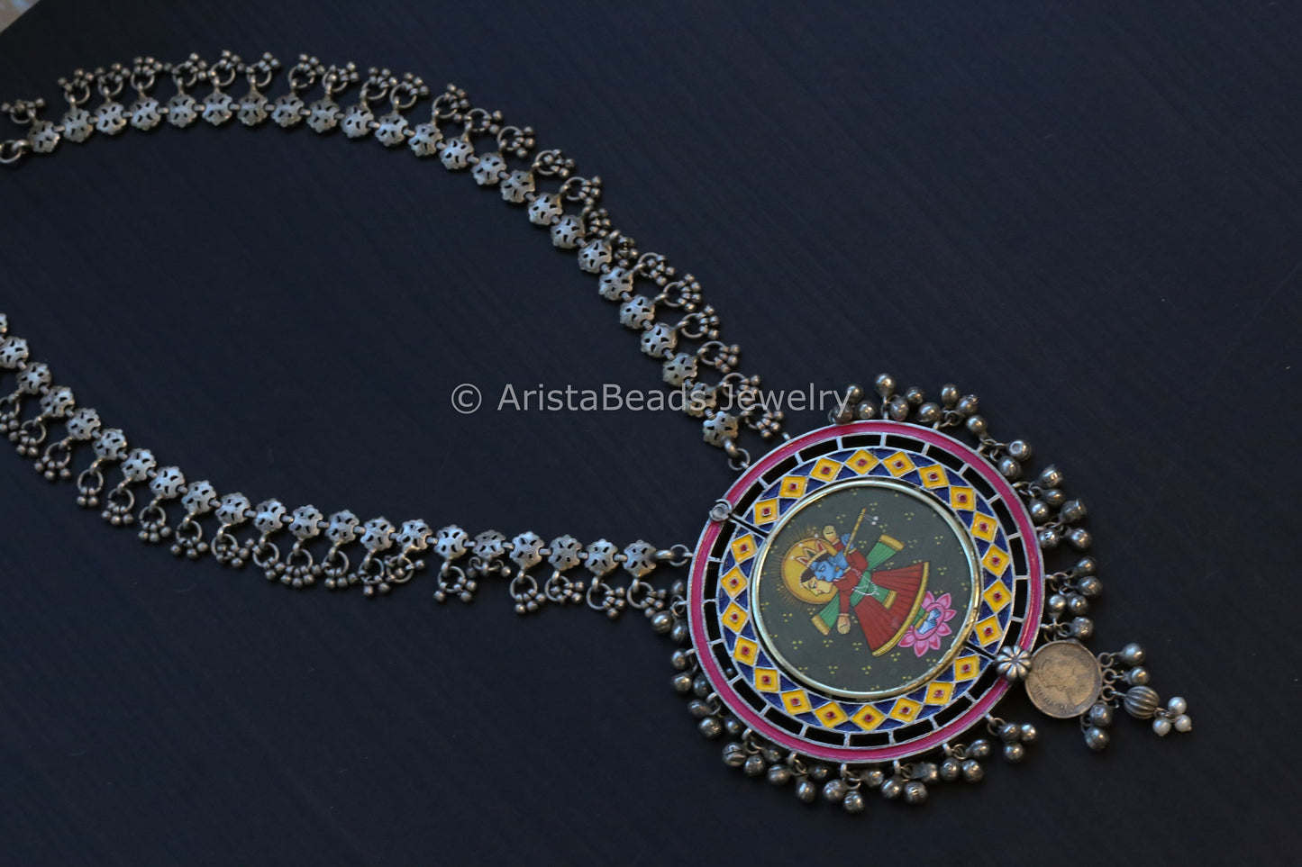 Oxidized Hand-Painted Enamel Necklace - Krishna