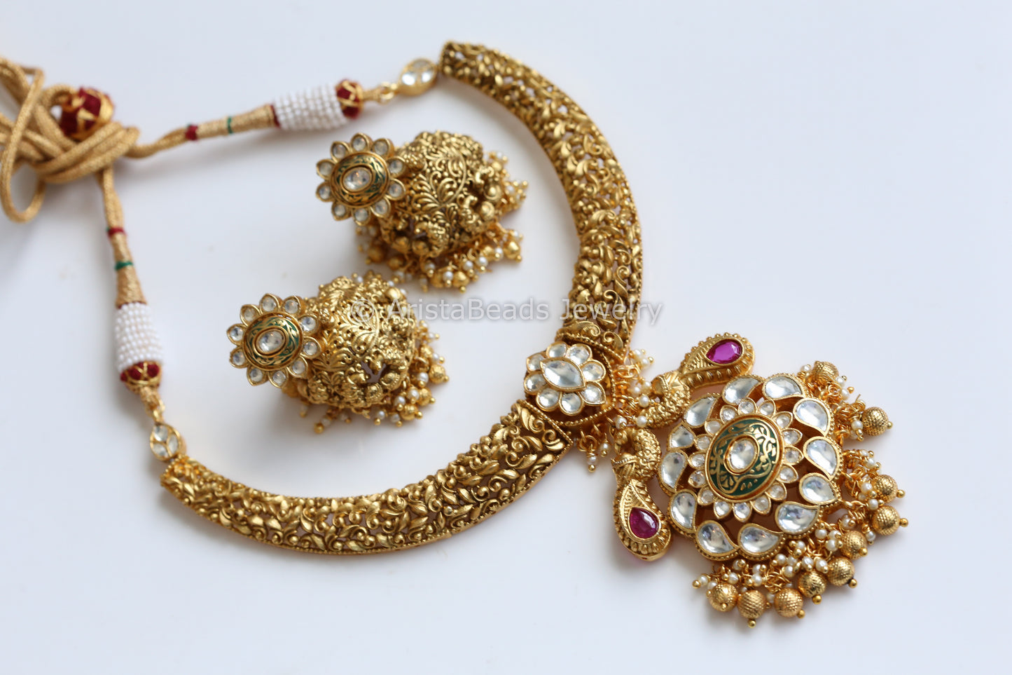 Nakshi Antique Gold Kundan Enamel Necklace Set