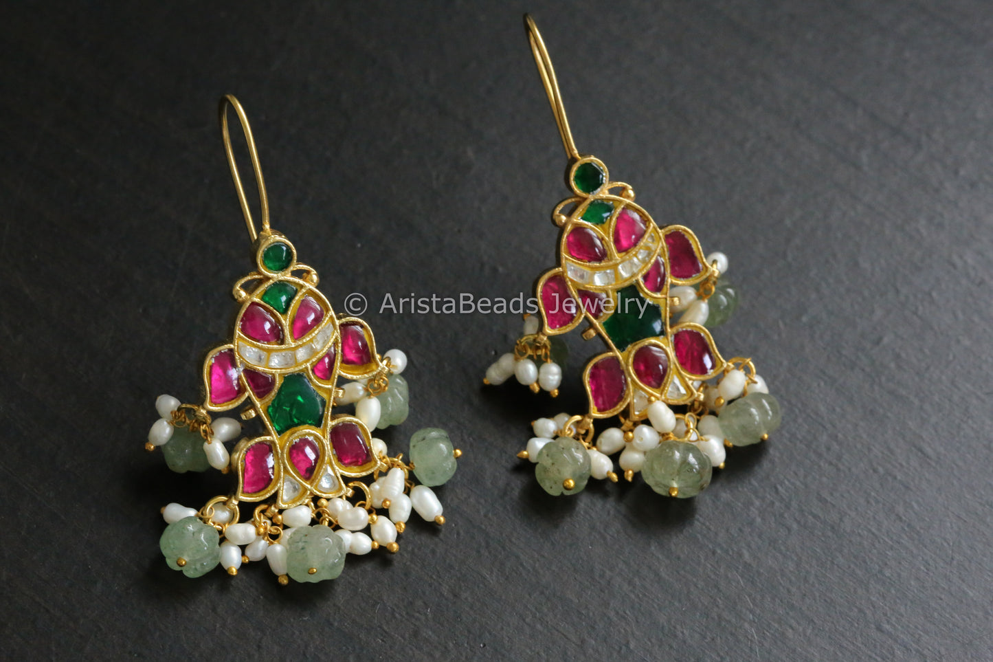 Silver Look Alike Kundan Earrings With Rice Pearls - Green Ruby