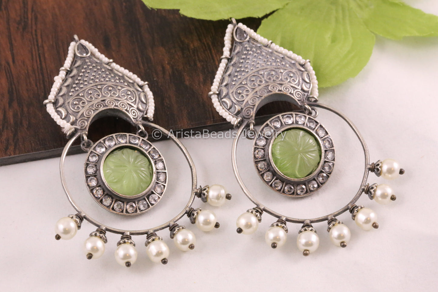 Contemporary Carved Stone Earrings - Green