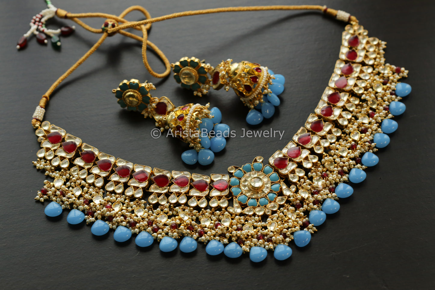 Turquoise Ruby Pachi Kundan Necklace Set