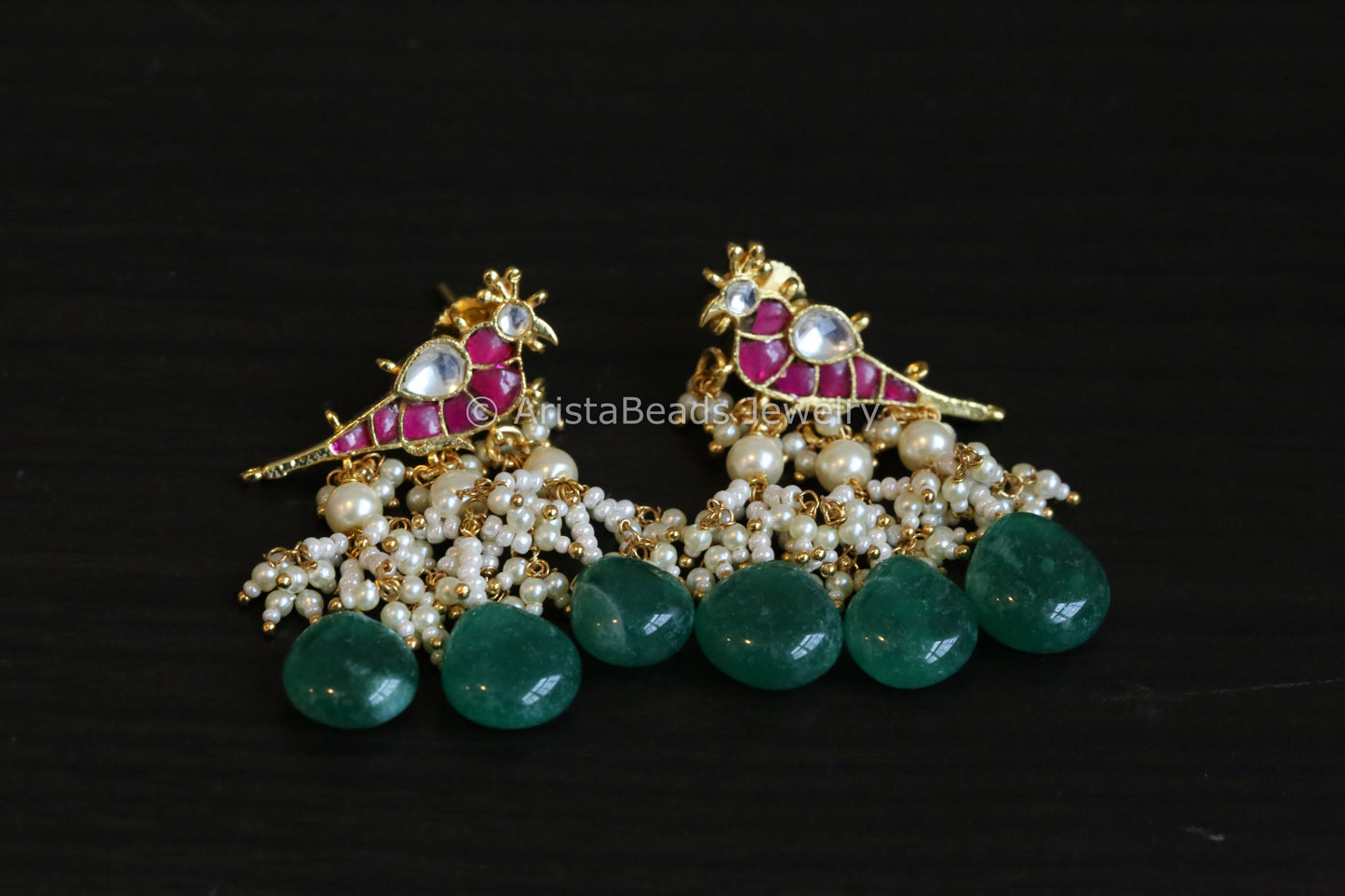 Pachi Kundan Peacock Earrings - Green Drops