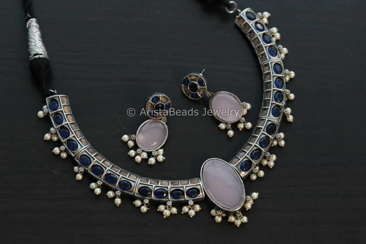 Oxidized Hasli Necklace Set - Blue Pink Peach